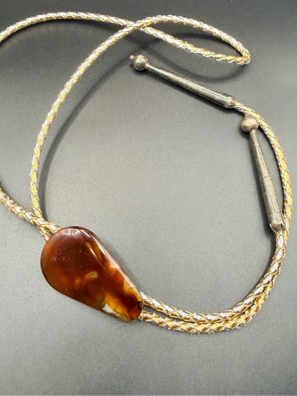Vintage Sterling Silver Bolo Tie With Stone Gold Silver Rope Adjustable